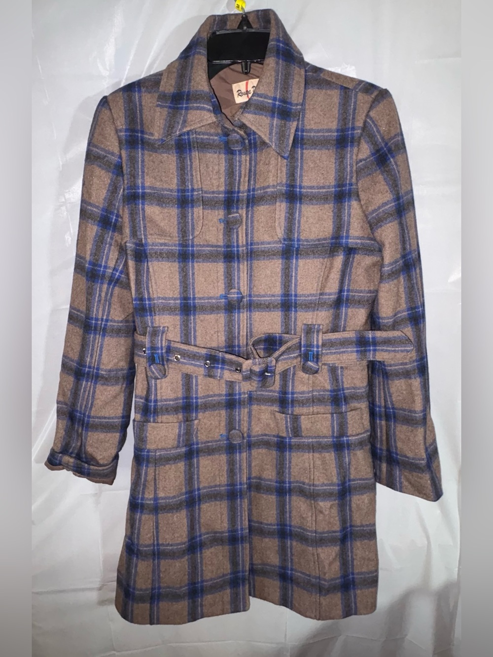 Rouge Par Womens Plaid Wool Blend Coat Sz Medium Blue Brown Buttons Belted Lined